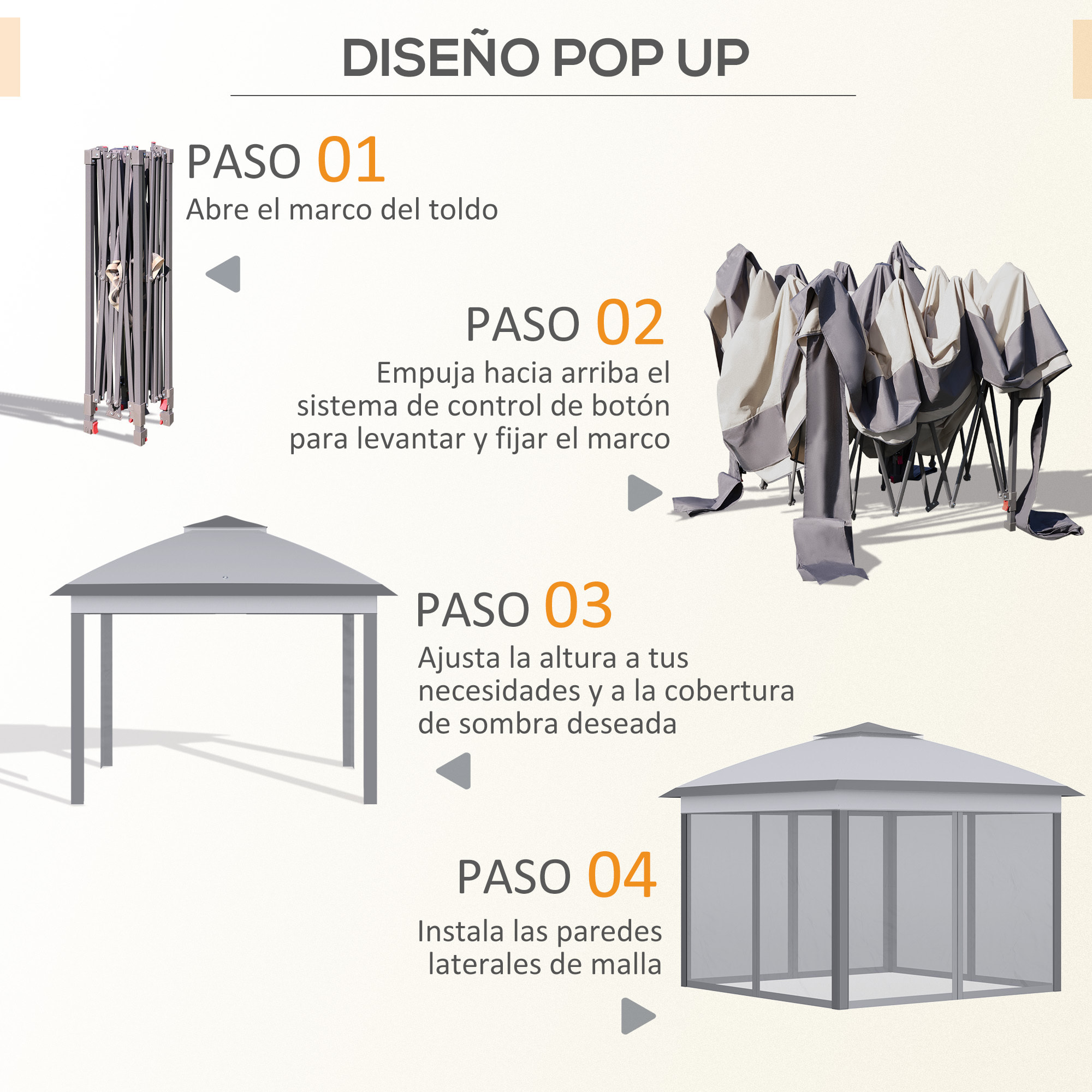 Carpa Plegable 3,3x3,3 m Altura Ajustable en 3 Niveles Cenador de Jardín con Doble Techo 4 Mosquiteras Extraíbles y Bolsa de Transporte para Camping Fiestas Gris