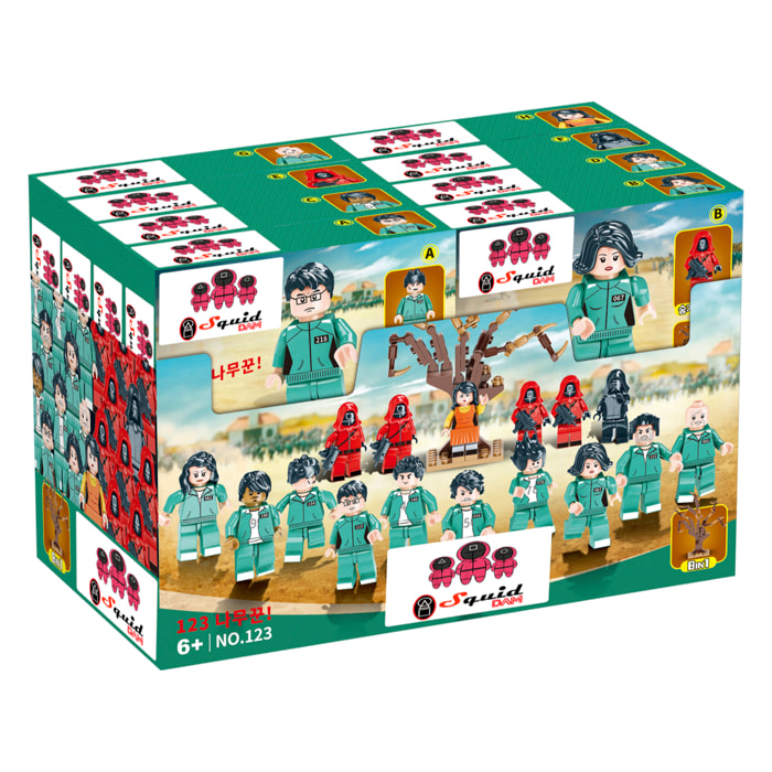 Expositor 16 uds. Set de 8 lotes de personajes Squid. Bloques construcción 24-30 piezas compatibles. 2 unidades de cada lote.
