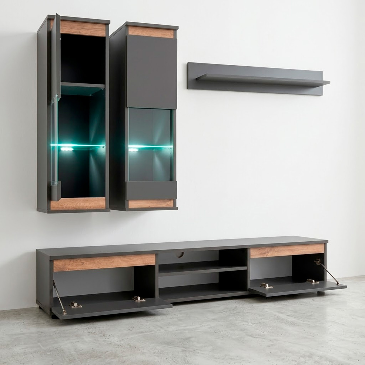 Parete Attrezzata Soggiorno Mobile Tv Vetrine Led Mensola Moderno Living Arredo Contenitore Vani Giorno Resistente 175x 150x 37 Cm Antracite E Rovere