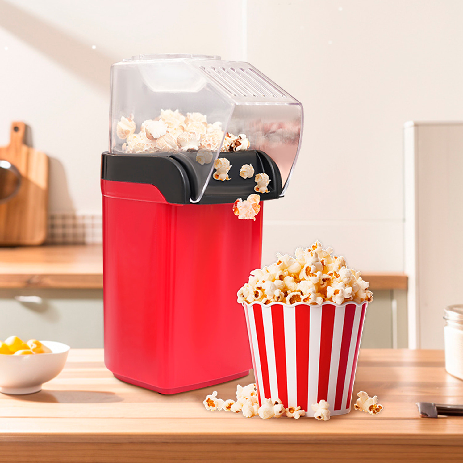 Macchina per popcorn elettrica da 1200W con aria calda, veloce e senza olio, ideale per preparare popcorn salutari.
