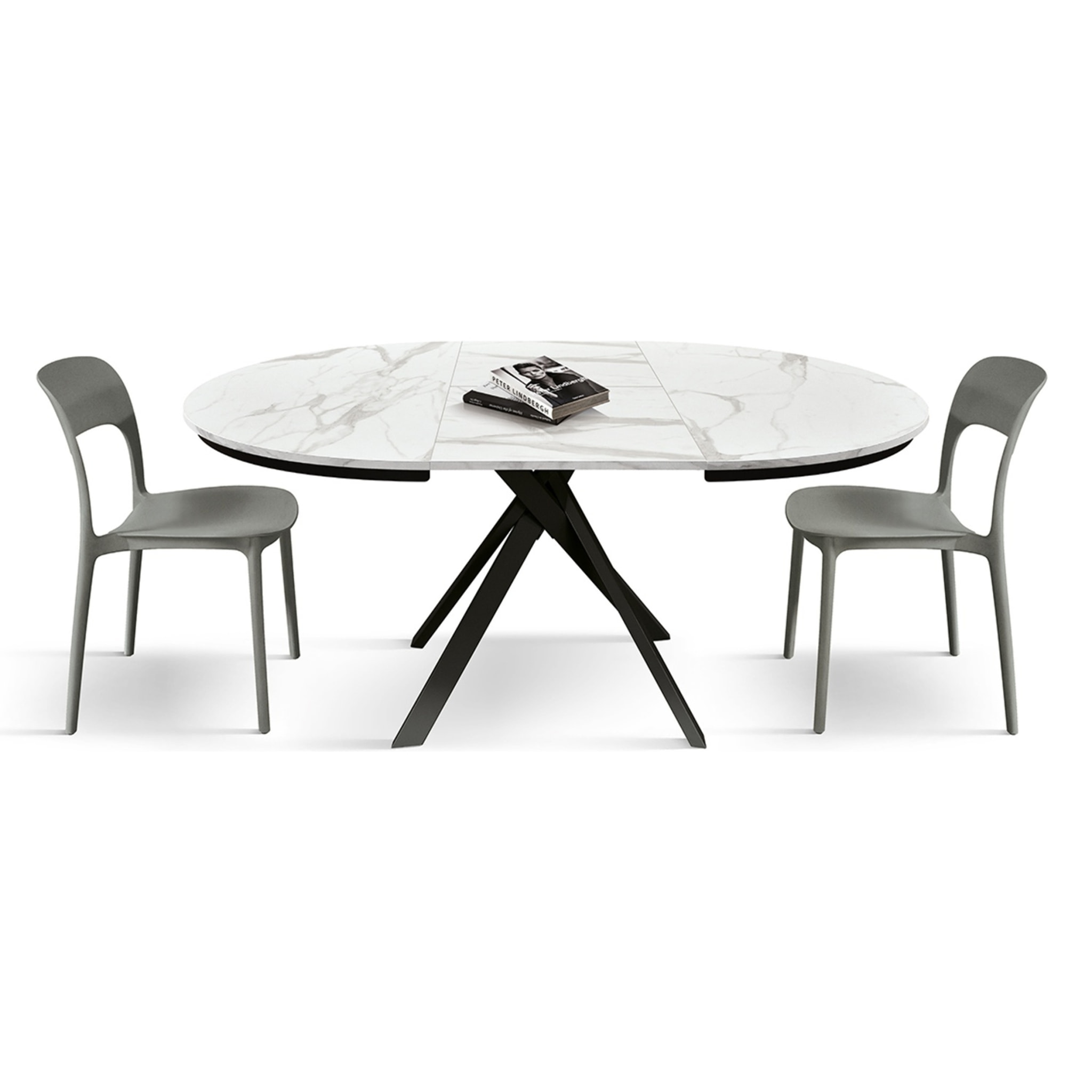 Tavolo rotondo PANTELLERIA in legno, finitura bianco statuario e gambe in metallo nero, allungabile Ø120xH75,3 cm - 170x120x75,3 cm