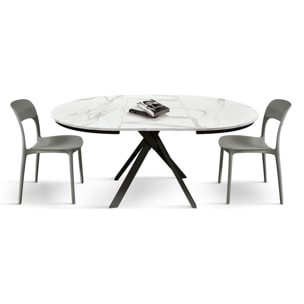 Tavolo rotondo PANTELLERIA in legno, finitura bianco statuario e gambe in metallo nero, allungabile Ø120xH75,3 cm - 170x120x75,3 cm