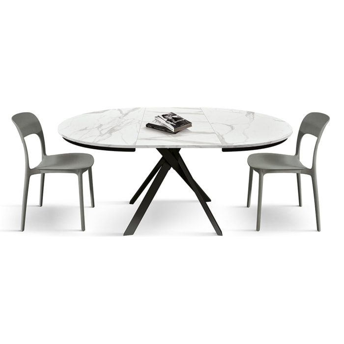 Tavolo rotondo PANTELLERIA in legno, finitura bianco statuario e gambe in metallo nero, allungabile Ø120xH75,3 cm - 170x120x75,3 cm