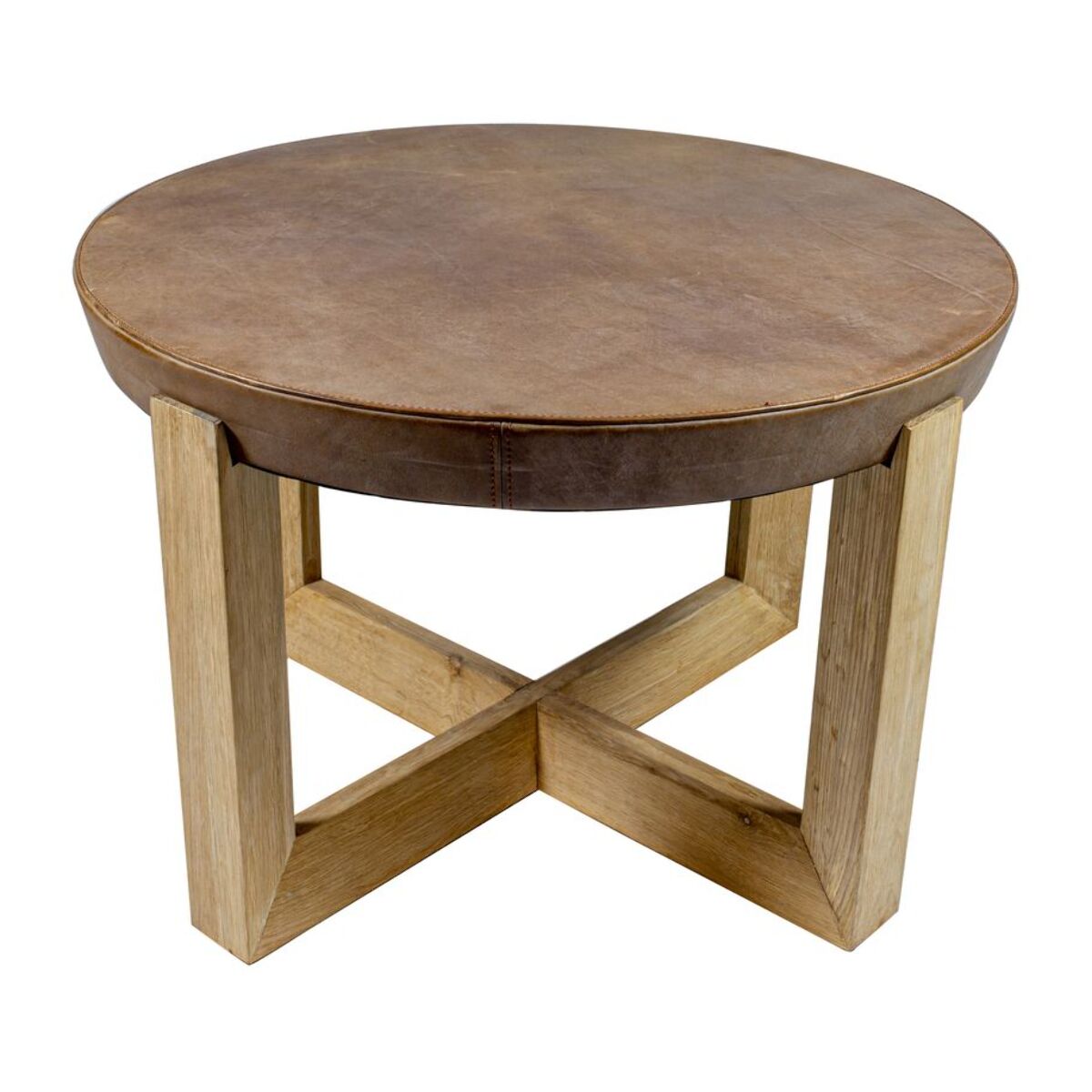 TABLE APPOINT PLATEAU EN CUIR+PIED CHÊNE MASSIF D60XH40CM BANGOR