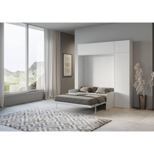 Cama abatible 160 vertical Kentaro Sofà con columna - módulo a pared superior - módulo con apertura vasistas Fresno Blanco