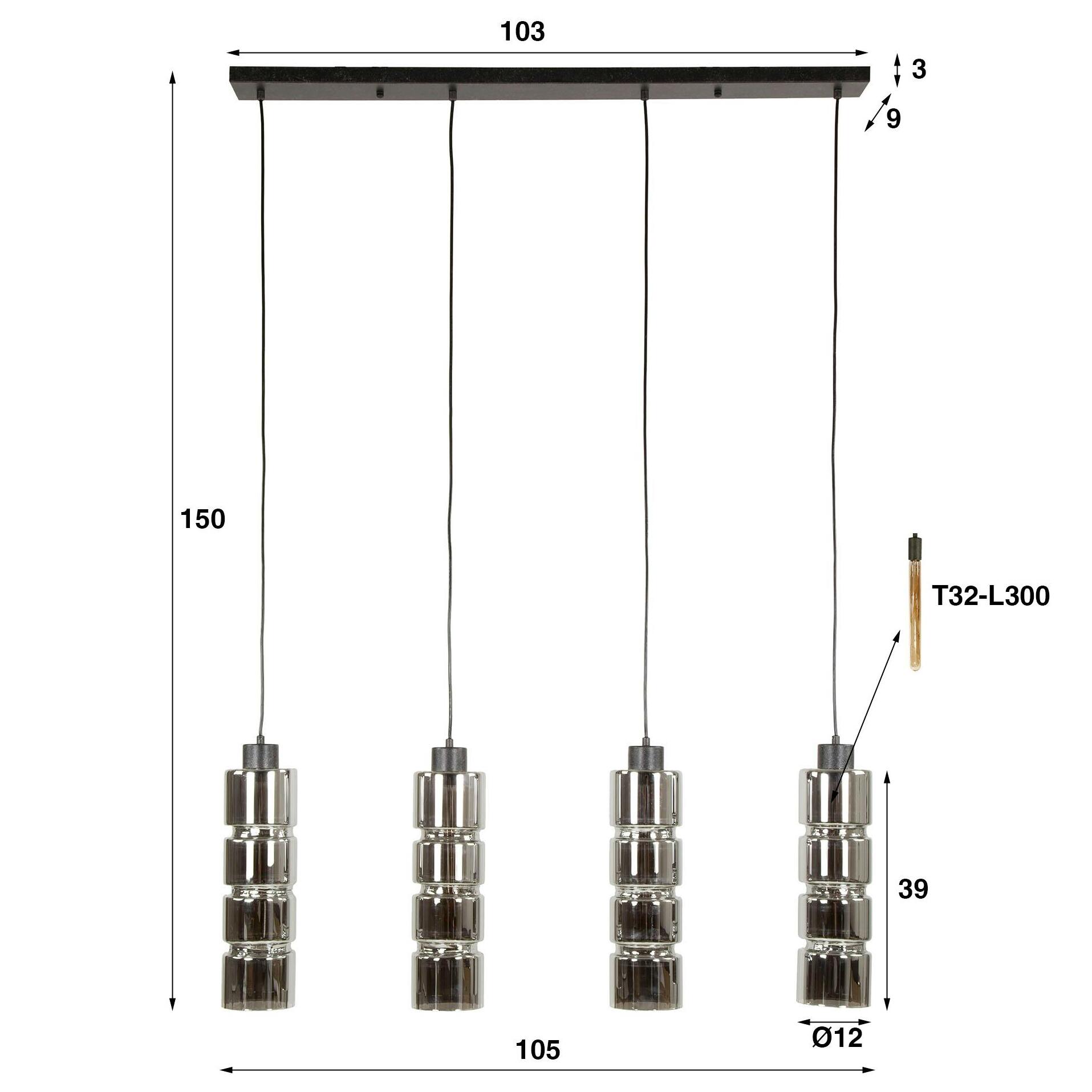 Suspension design en verre chromé 4 abat-jour cylindriques RALF