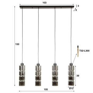 Suspension design en verre chromé 4 abat-jour cylindriques RALF