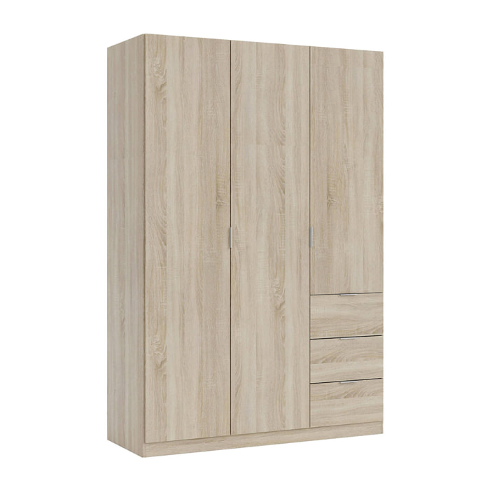 Guardaroba 3 ante Ade, Armadio per camera da letto 3 cassetti, Mobile con 3 ripiani e barra appendiabiti, 135x52h200 cm, Rovere