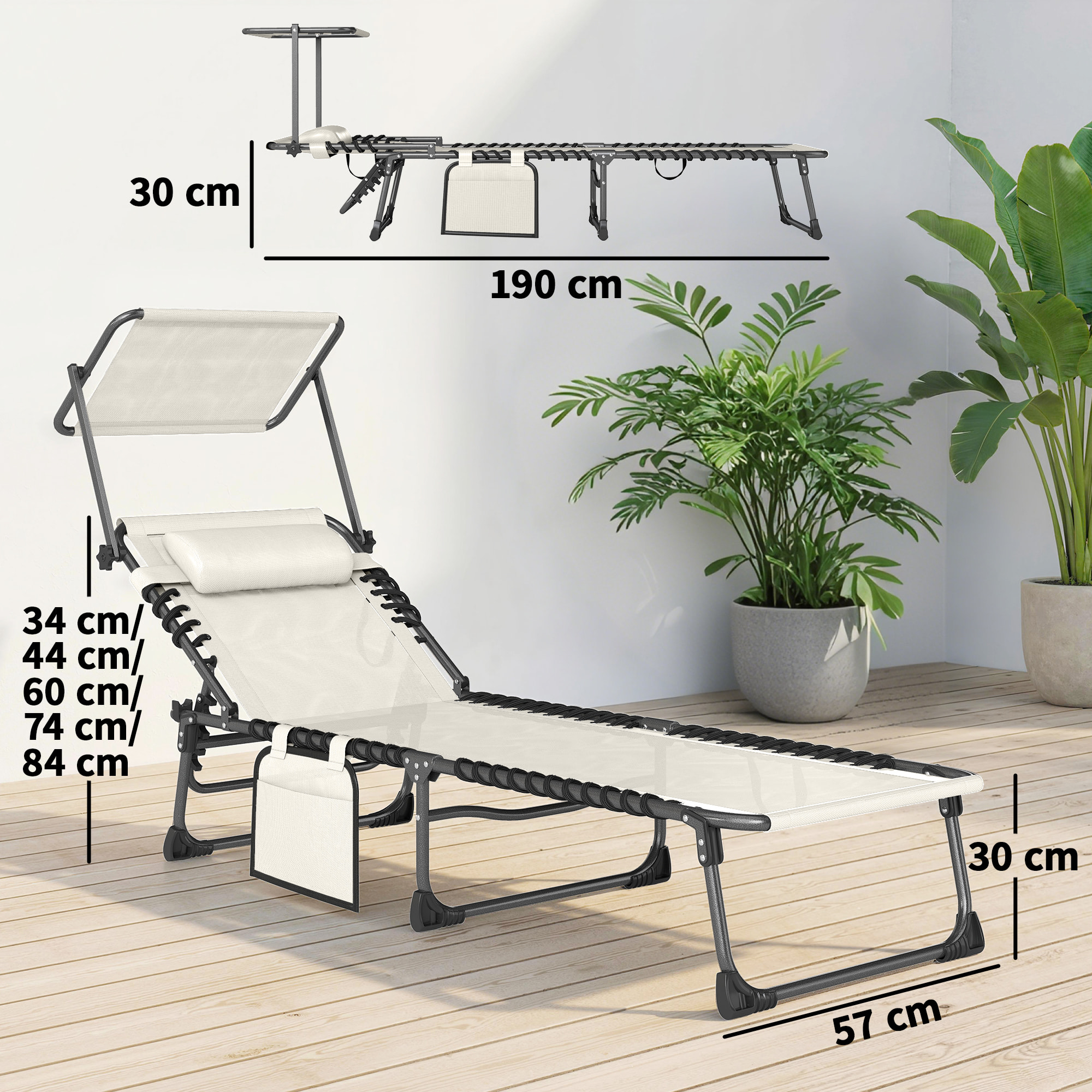 Set de 2 Tumbonas Jardín Exterior, Tumbonas Plegables con Reposacabezas, Parasol y Bolsillo Lateral, Respaldo Reclinable 5 Posiciones y Asiento Malla Transpirable para Playa, Piscina, Crema