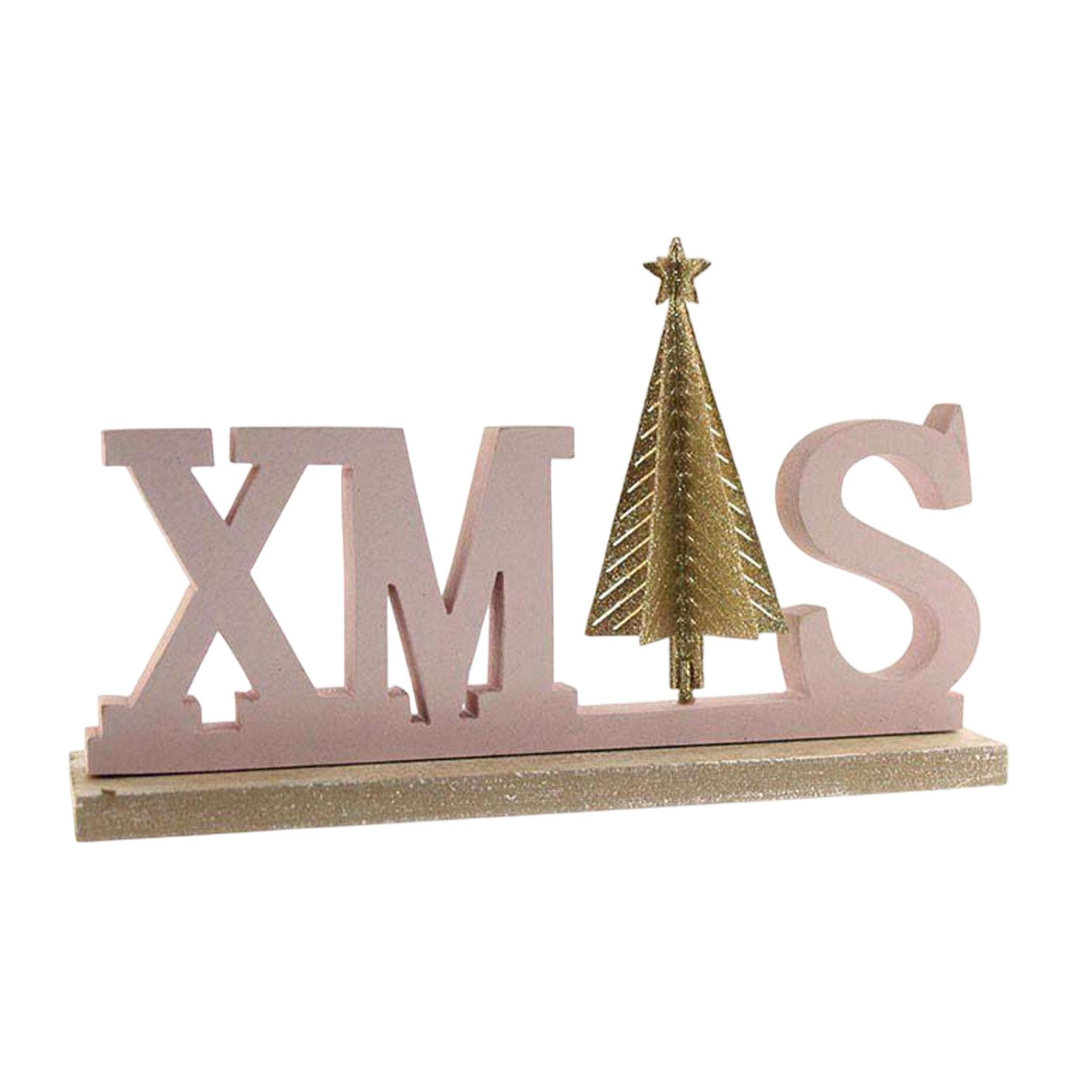 Letrero decorativo 'xmas' en madera rosa