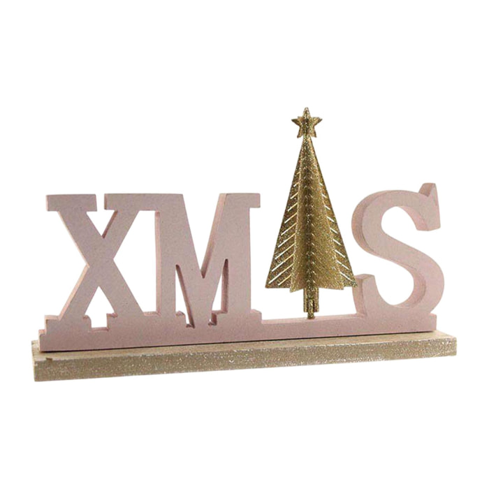Letrero decorativo 'xmas' en madera rosa