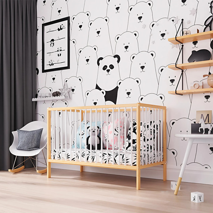 Lit Bébé Évolutif Mathis 60x120 cm, Couleur Bois Naturel & Blanc, Sommier Réglable 3 Hauteurs, Barreaux Amovibles, Lit Bébé Bois Massif