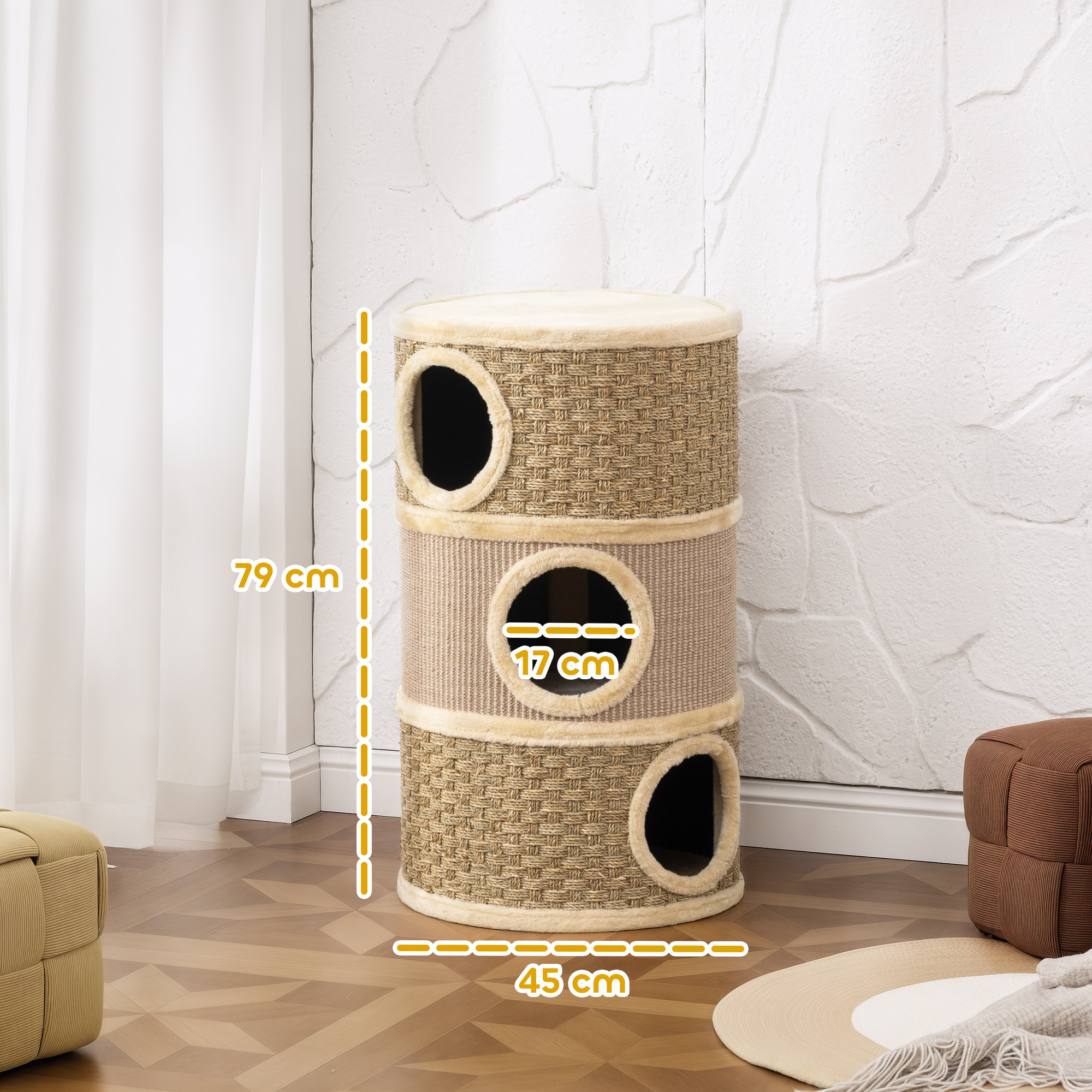 Arbre à chat cylindrique tonneau griffoir - 3 niches + plateforme - sisal corde d'algues beige