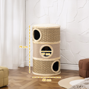 Arbre à chat cylindrique tonneau griffoir - 3 niches + plateforme - sisal corde d'algues beige