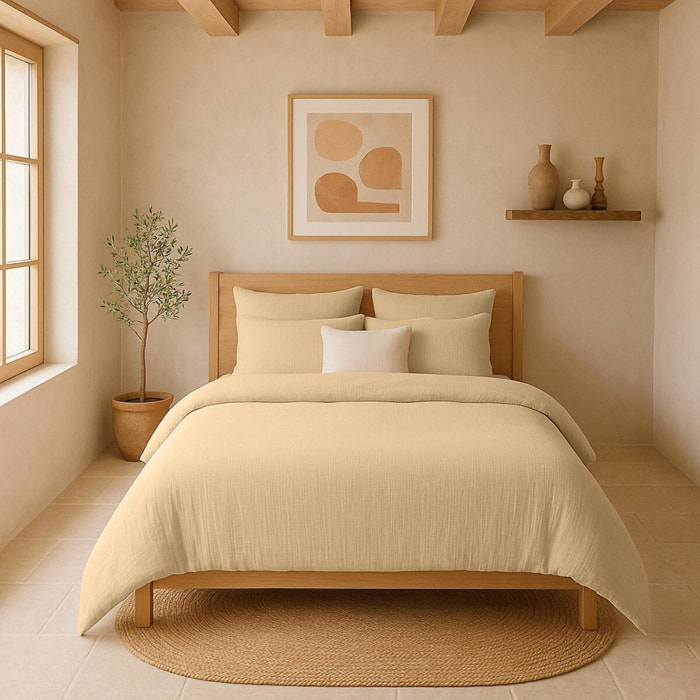 Drap housse gaze de coton lavé ecru naturel