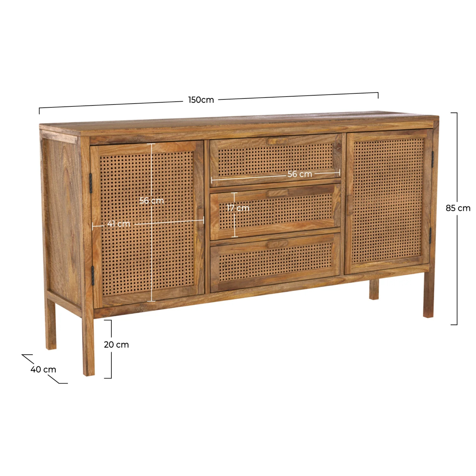 Buffet en cannage et bois 2 portes 3 tiroirs - Tiki