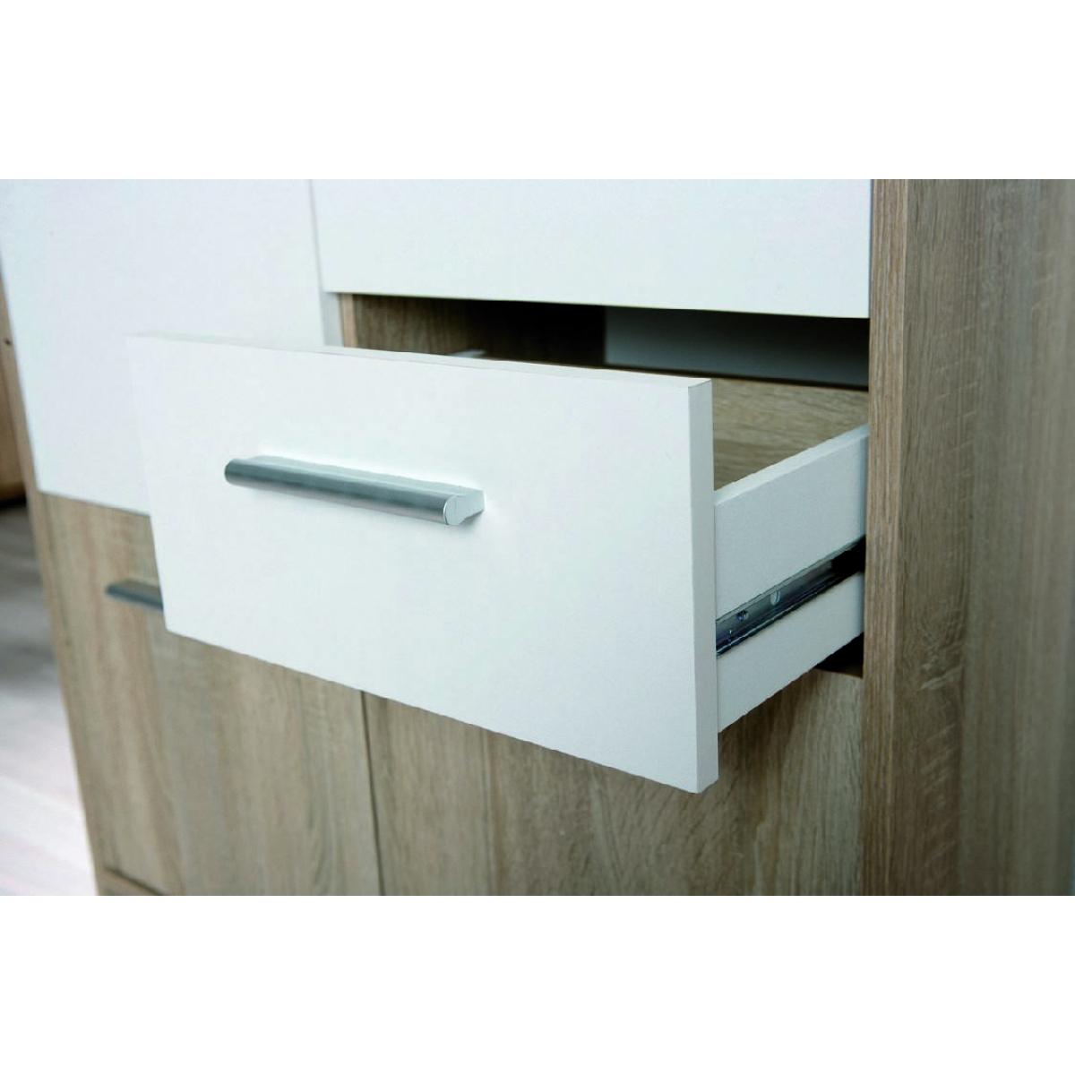 Credenza a tre ante e due cassetti, colore bianco e rovere, Misure 77 x 77 x 30 cm