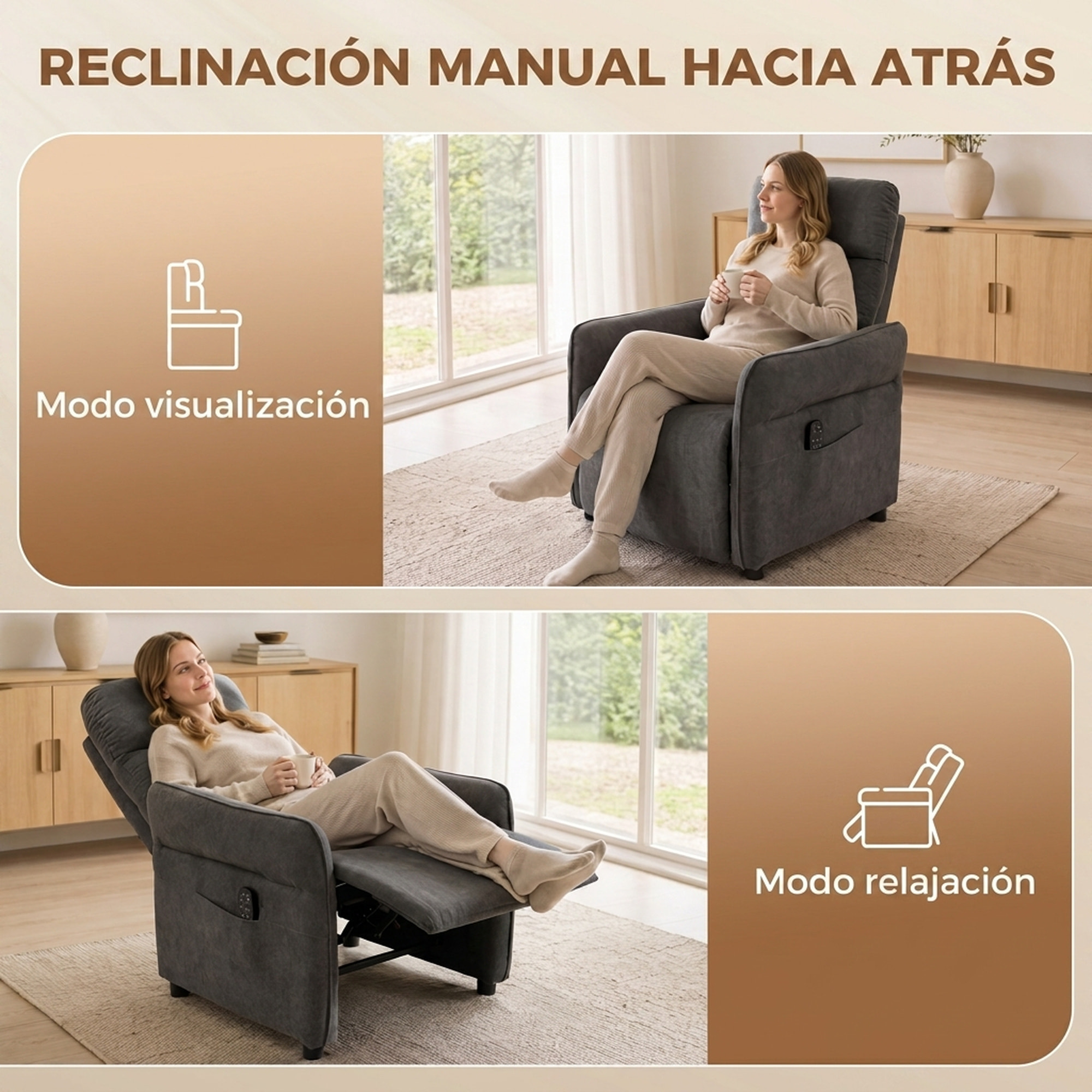 HOMCOM Sillón de Masaje, Sillón Relax Reclinable 135° Manual, Calor Lumbar, Mando a Distancia, Reposapiés, 8 Zonas de Masaje, Reposabrazos Ajustables, Asiento Muelles, Bolsillos, Tapizado Rizo, Gris