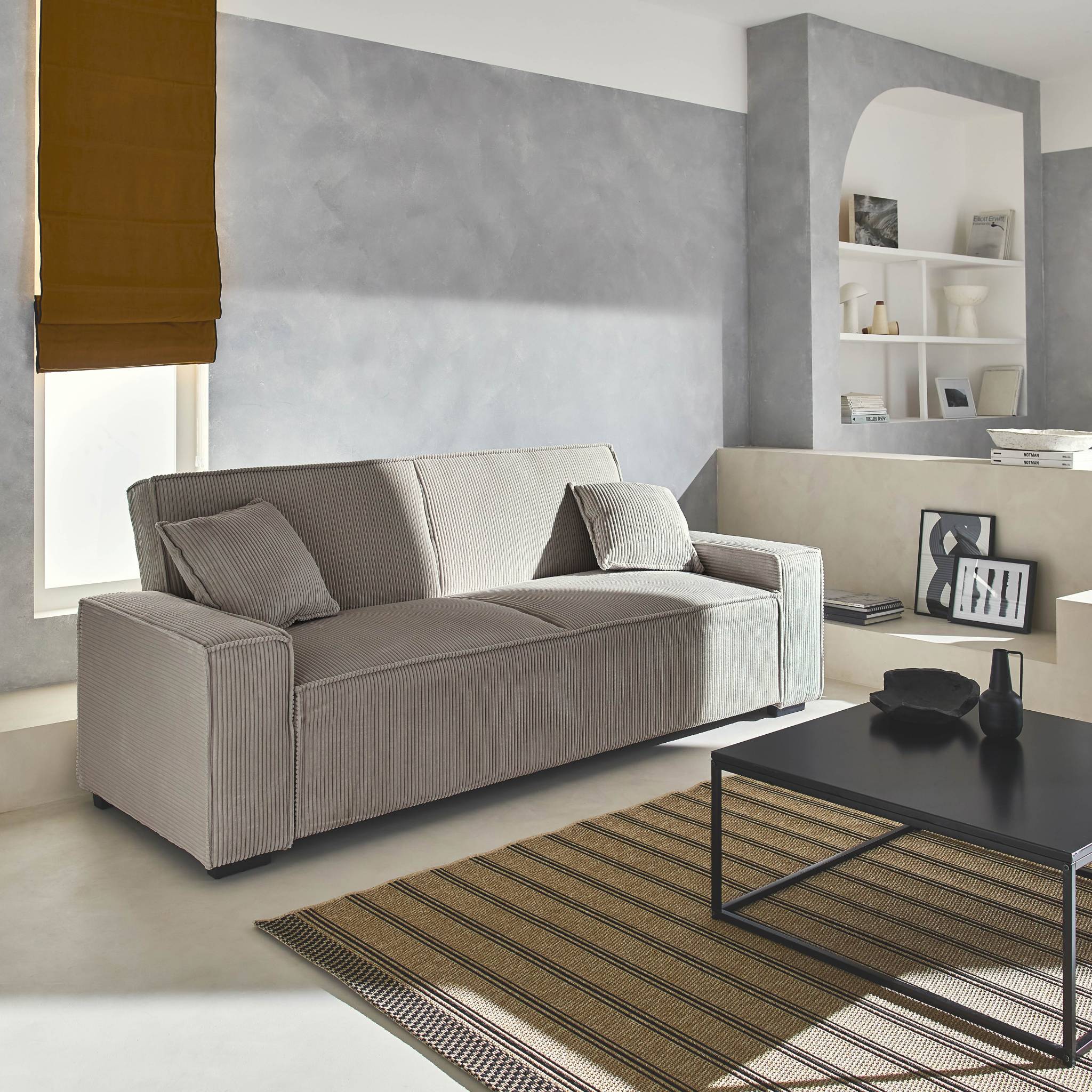 Canapé convertible 3 places beige velours côtelé L 231 x P 96.5 x H 80cm