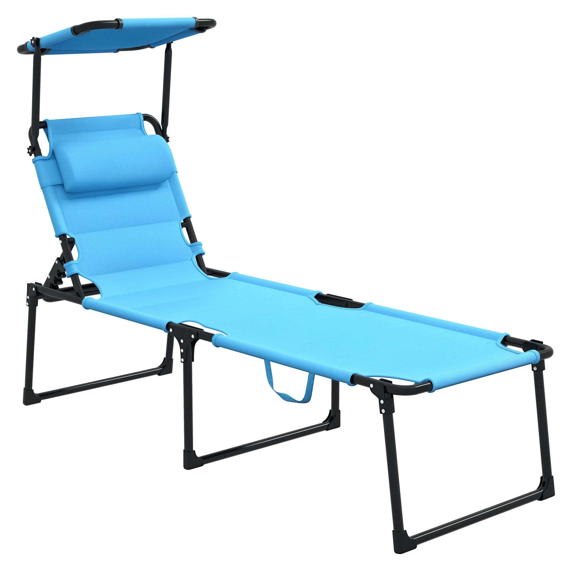 Tumbona Plegable, Tumbona Jardín Exterior con Toldo Ajustable, Respaldo Regulable en 4 Niveles, Reposacabezas, Cojín Grueso, para Terraza, Piscina, 70x200x45 cm, Azul Claro