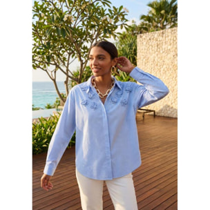 Camicia in popeline con righe floreali e tessuto sulle spalle