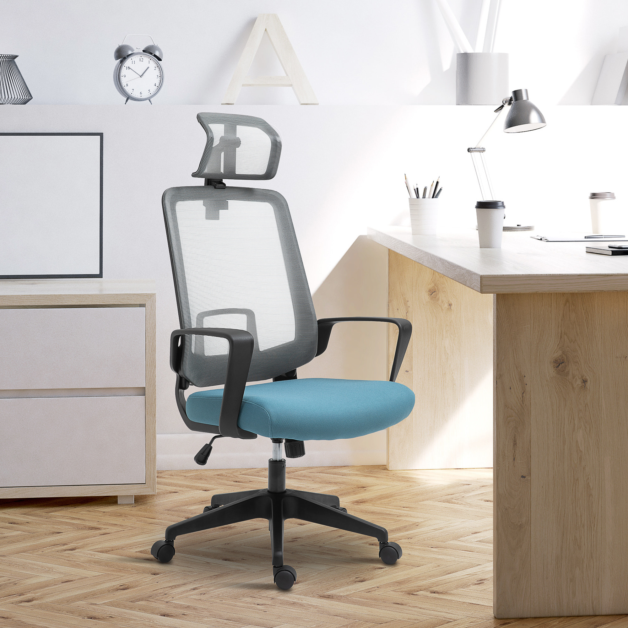 Vinsetto Silla de Oficina Ergonómica Silla Escritorio Giratoria con Altura Ajustable Soporte Lumbar Reposabrazos y Reposacabezas Regulable Malla Transpirable 63,5x63x116,5-125,5 cm Azul y Gris