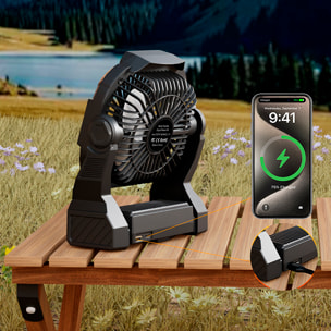 Ventilatore P18 con motore senza spazzole, LED con 4 luci, 4 velocità, 3 livelli di luce. Angolo regolabile di 90°, gancio per appendere e powerbank da 5200 mAh.