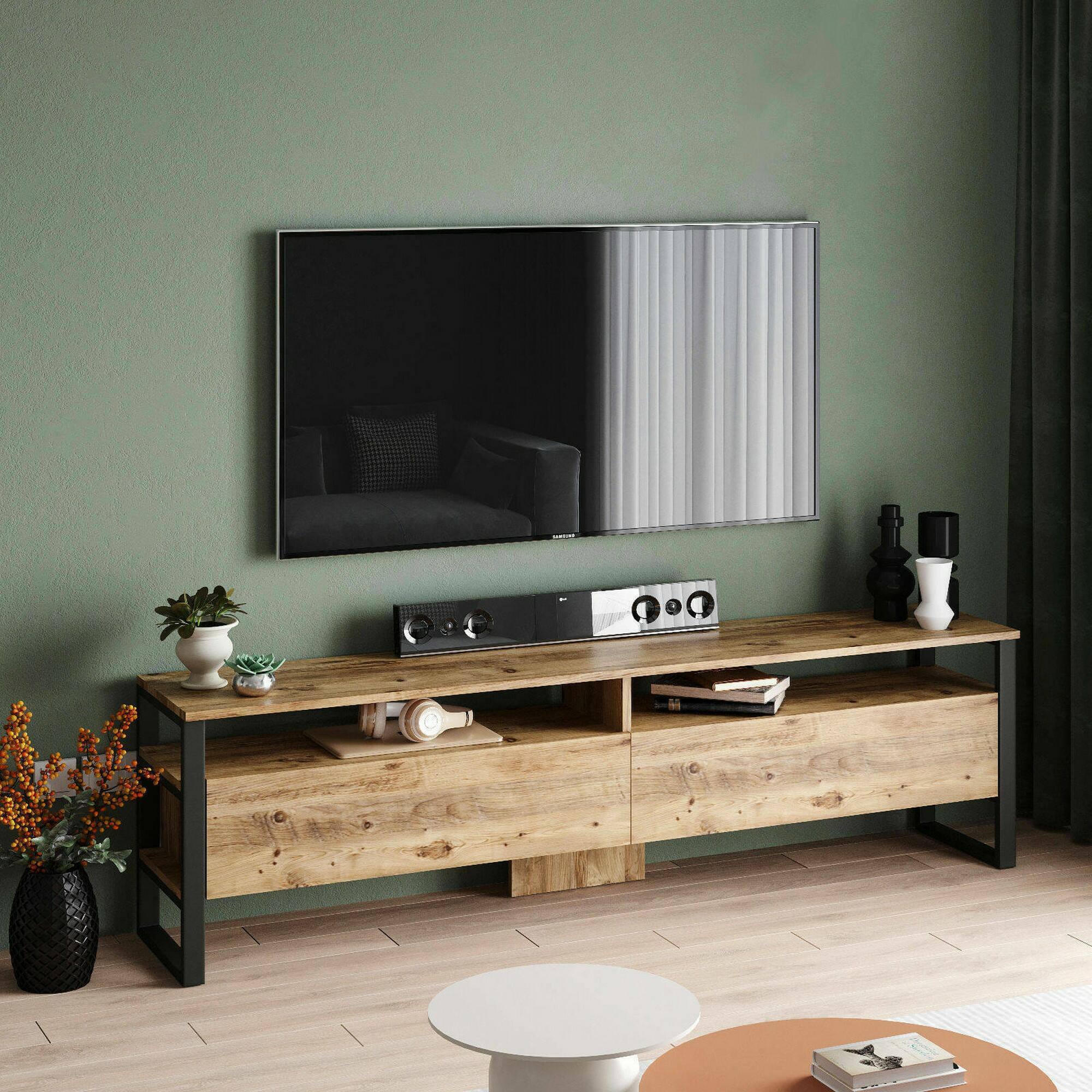 Mobile porta TV Khartum, Credenza da soggiorno, Armadio basso per TV, Base parete attrezzata, 180x36h56 cm, Quercia