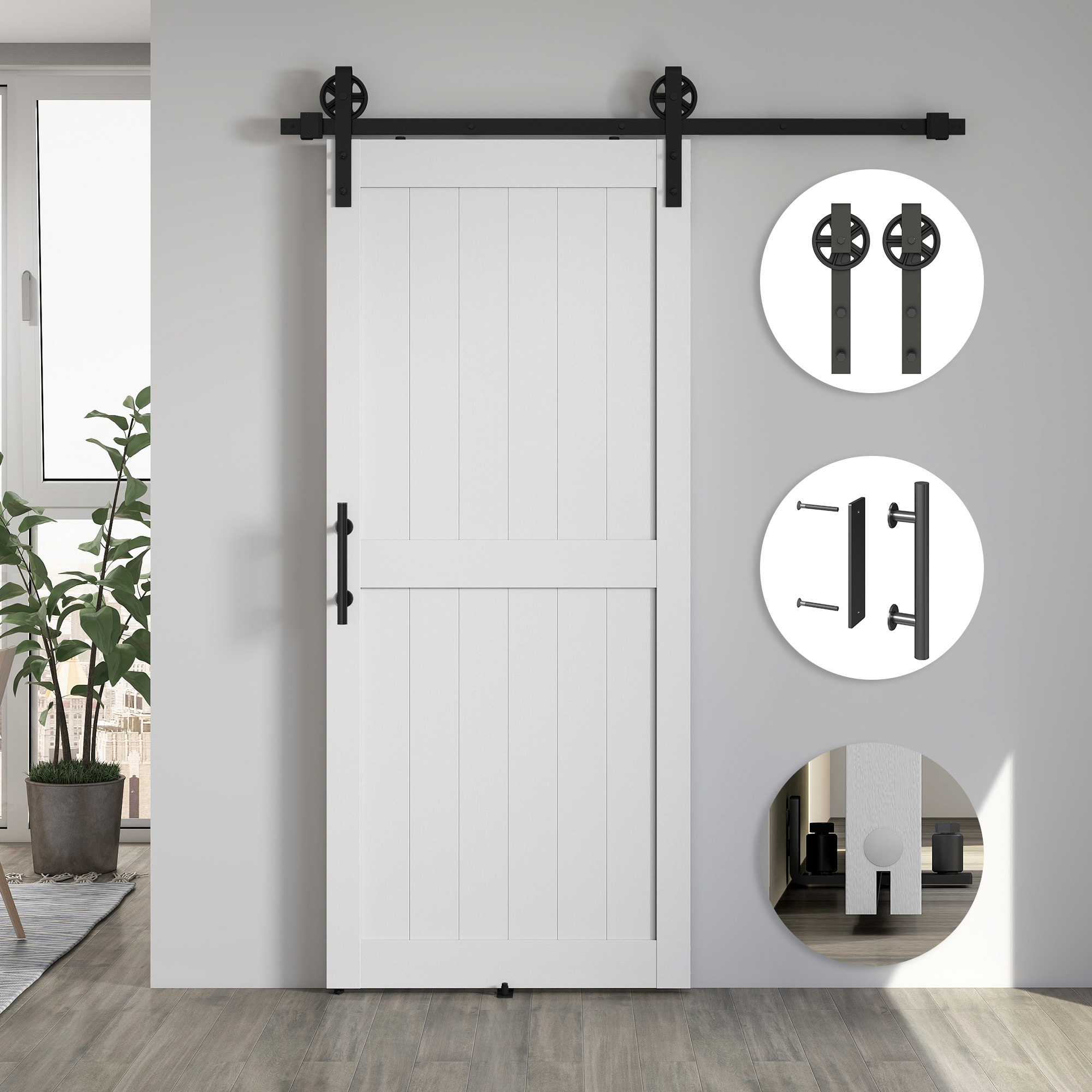 Puerta Corredera de Granero con Herrajes Puerta Corredera de Interior con Manija Rodillo y Guía de Suelo Mejorados para Baño Salón Sala de Estar 91,5x213,4 cm Blanco
