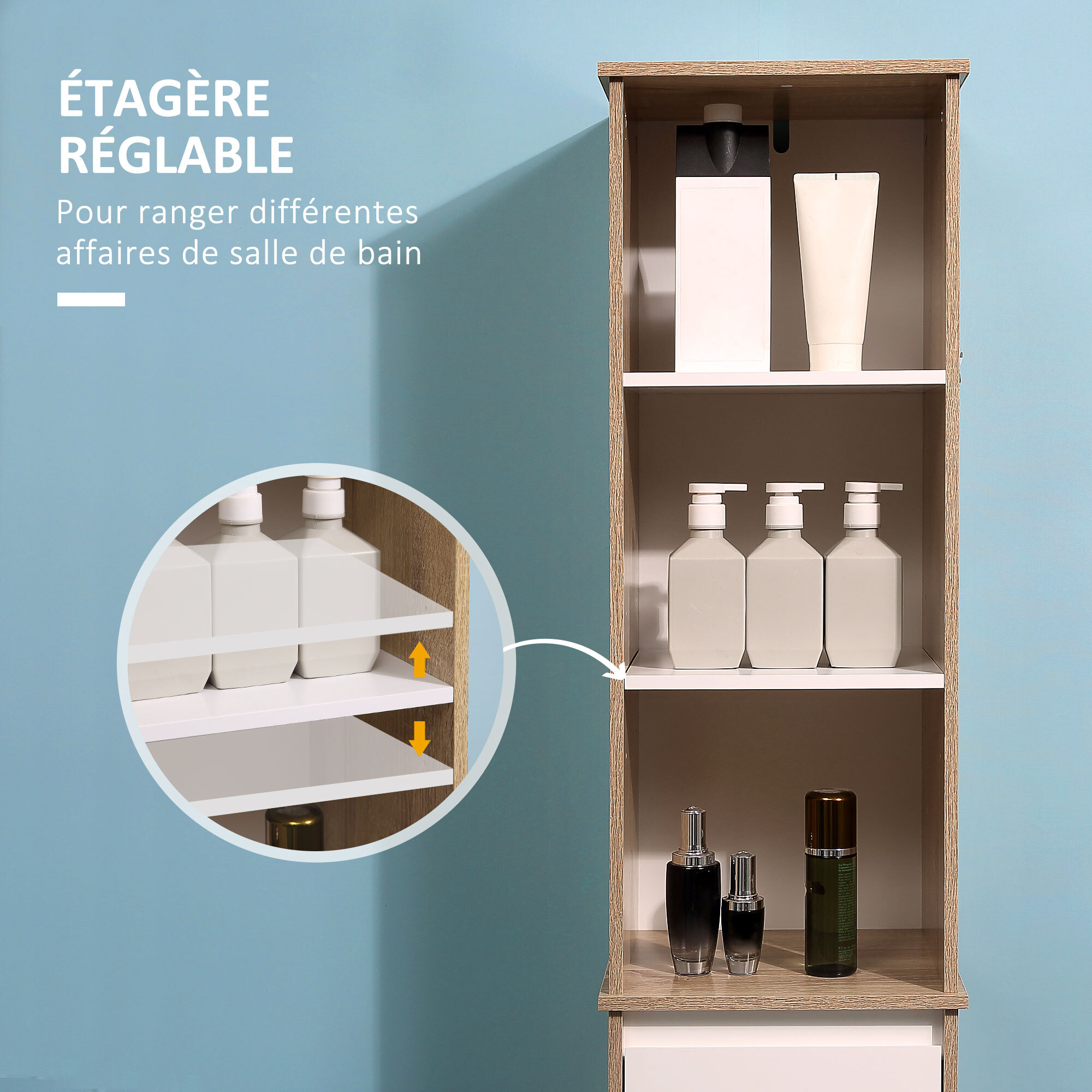 Meuble colonne rangement salle de bain style cosy 3 niches tiroir placard avec étagère blanc aspect chêne clair