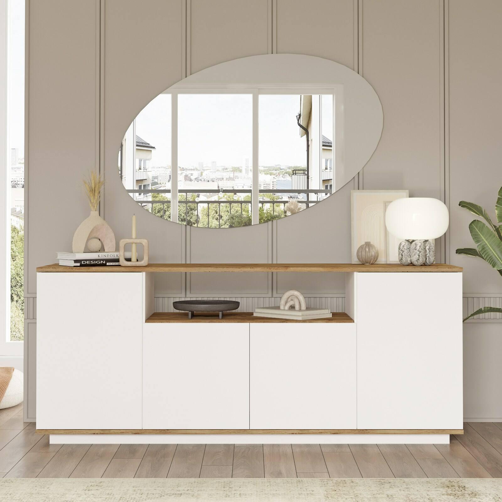 Credenza Dpas, Buffet da soggiorno, Madia da salotto, Dispensa da cucina, 180x45h75 cm, Quercia e Bianco