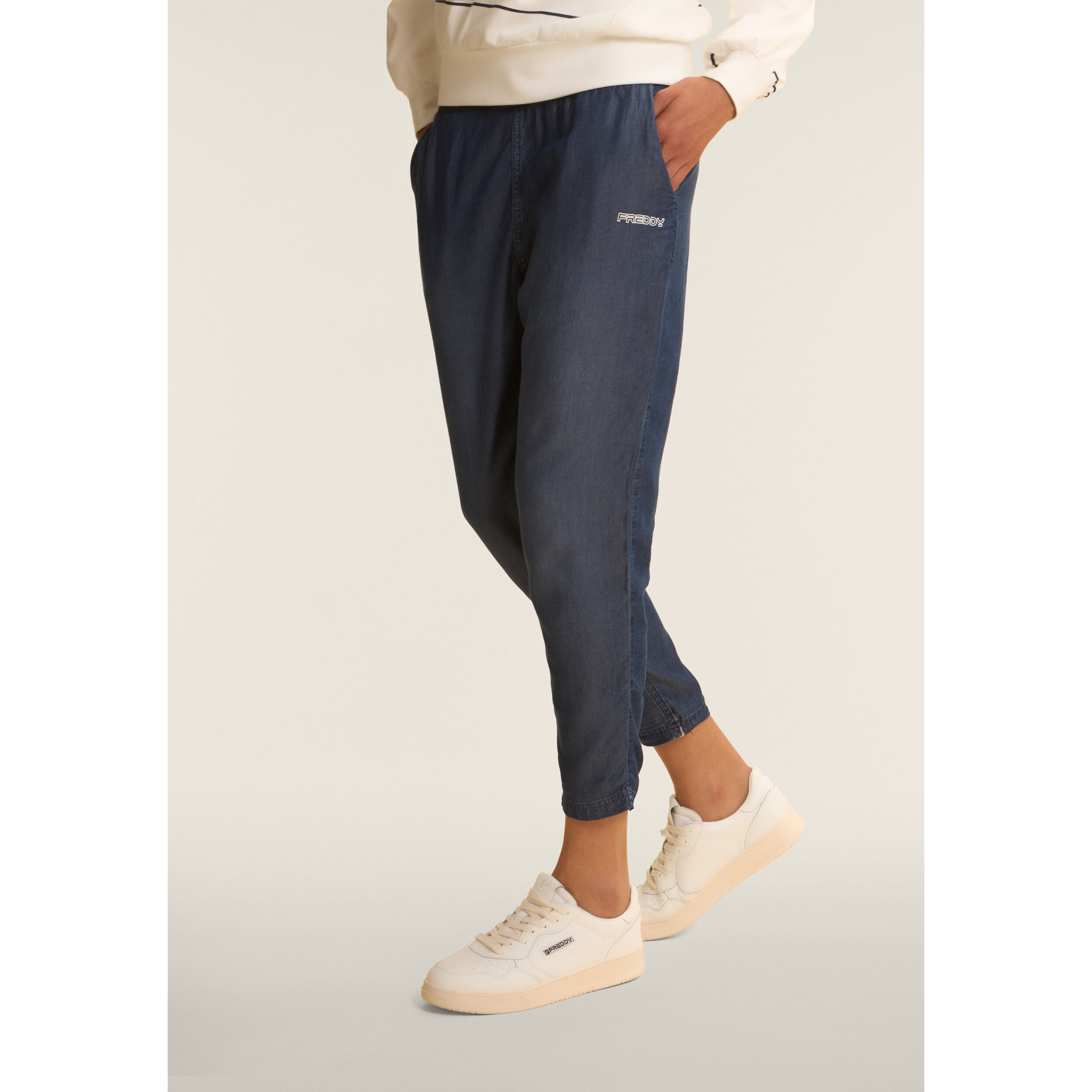 Pantaloni Sportivi Cropped in Chambray con Vita Alta