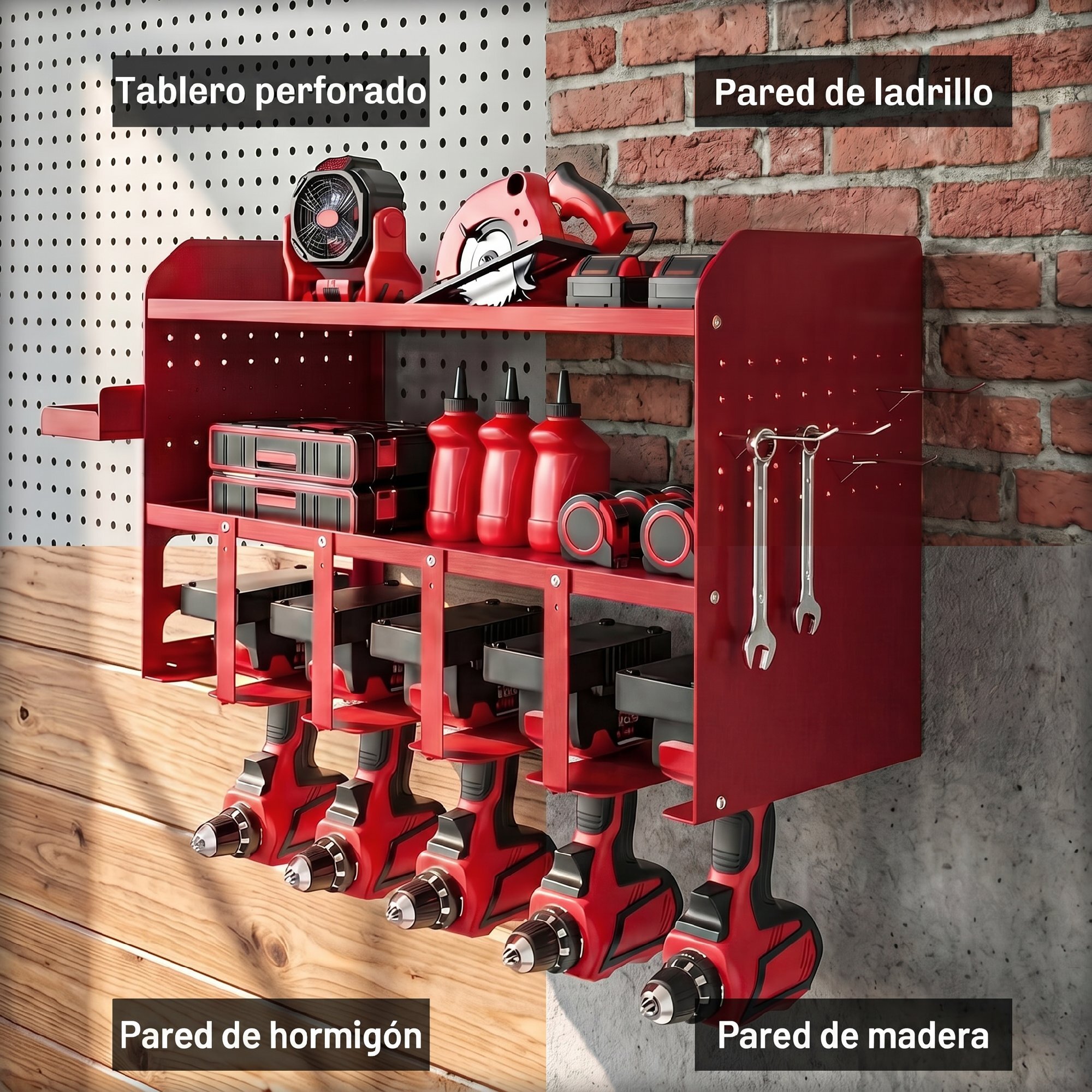 Organizador de Herramientas Eléctricas de Jardín, Estante de Almacenamiento de Pared de 2 Niveles para 5 Taladros, Soporte de Metal con Bandeja Lateral y 4 Ganchos, para Garaje,Taller, Rojo