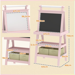 Pizarra Infantil Caballete 3 en 1 Pizarra Infantil de Doble Cara Magnética Caballete de Pintura para Niños con Rollo de Papel y Cestas de Almacenamiento 59x48x118 cm Rosa Palo