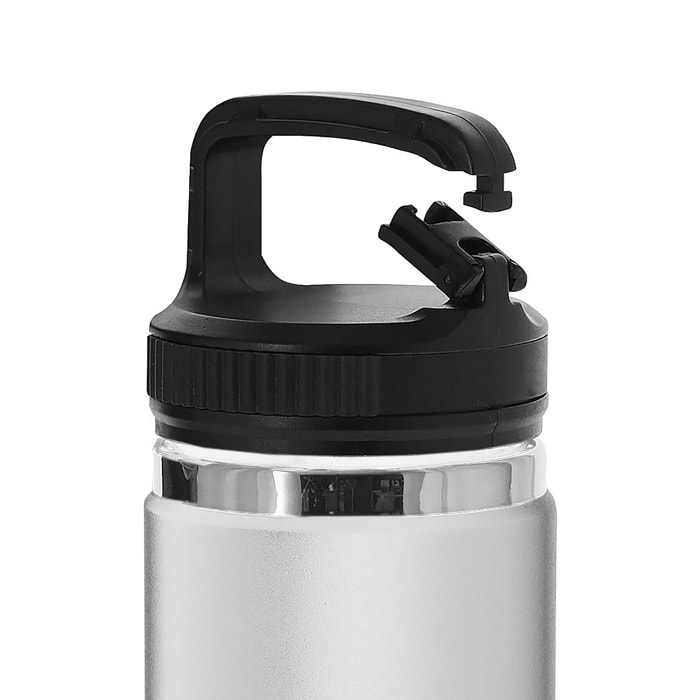 Bidón térmico de 550 ml de capacidad, en acero inox reciclado de doble pared. Cuenta con un asa funcional con doble función de mosquetón. Libre de BPA.