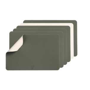 Set de table rectangulaire réversible - 6 pièces - Cuir recyclé blanc crème et vert de gris