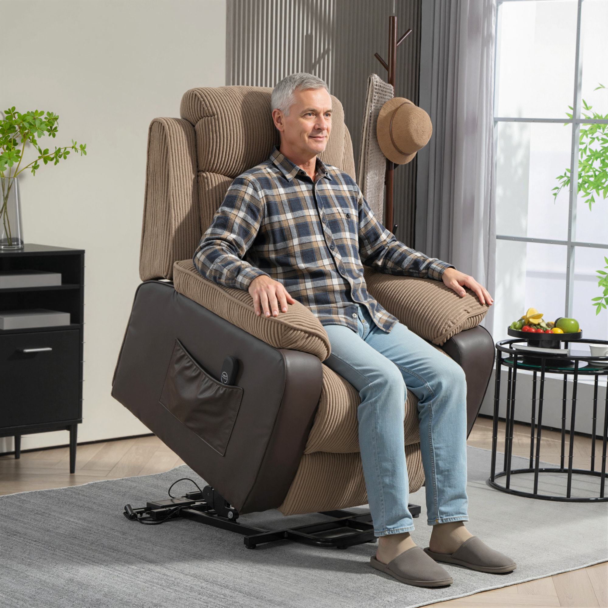 Sillón Relax Reclinable Eléctrico Levanta Personas, Sillón Elevador, con Puerto USB, Control Remoto, Reposapiés, Tapizado en Pana, Bolsillos Laterales, Marrón