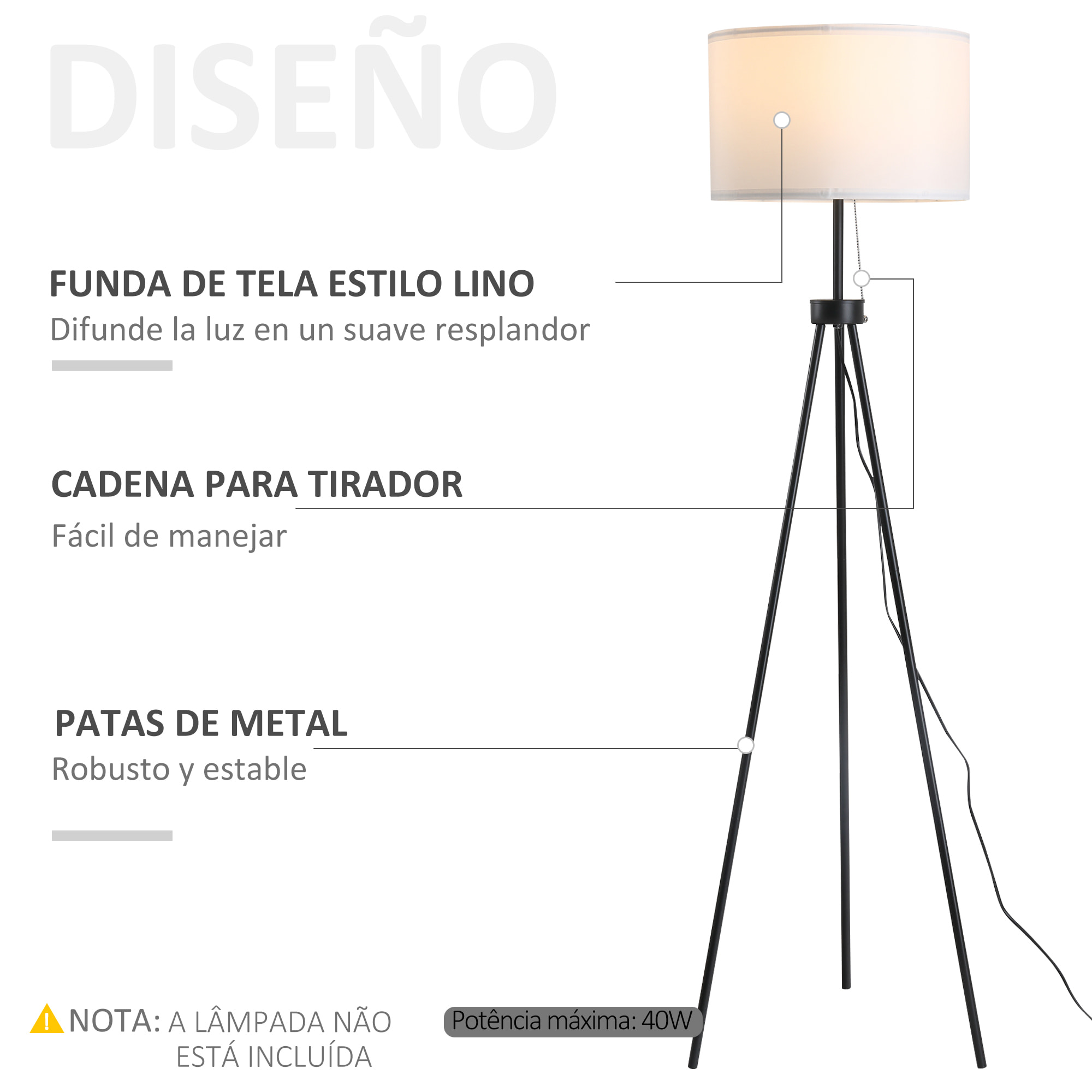 Lámpara de Pie Moderna Lámpara de Pie Salón con Pantalla Redonda Trípode y Casquillo E27 Lámpara para Dormitorio Sala de Estar Blanco y Negro