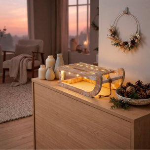 Trineo decorativo de navidad con luces led 50x24x16 cm en madera natural encalada con 50 micro leds blanco cálido