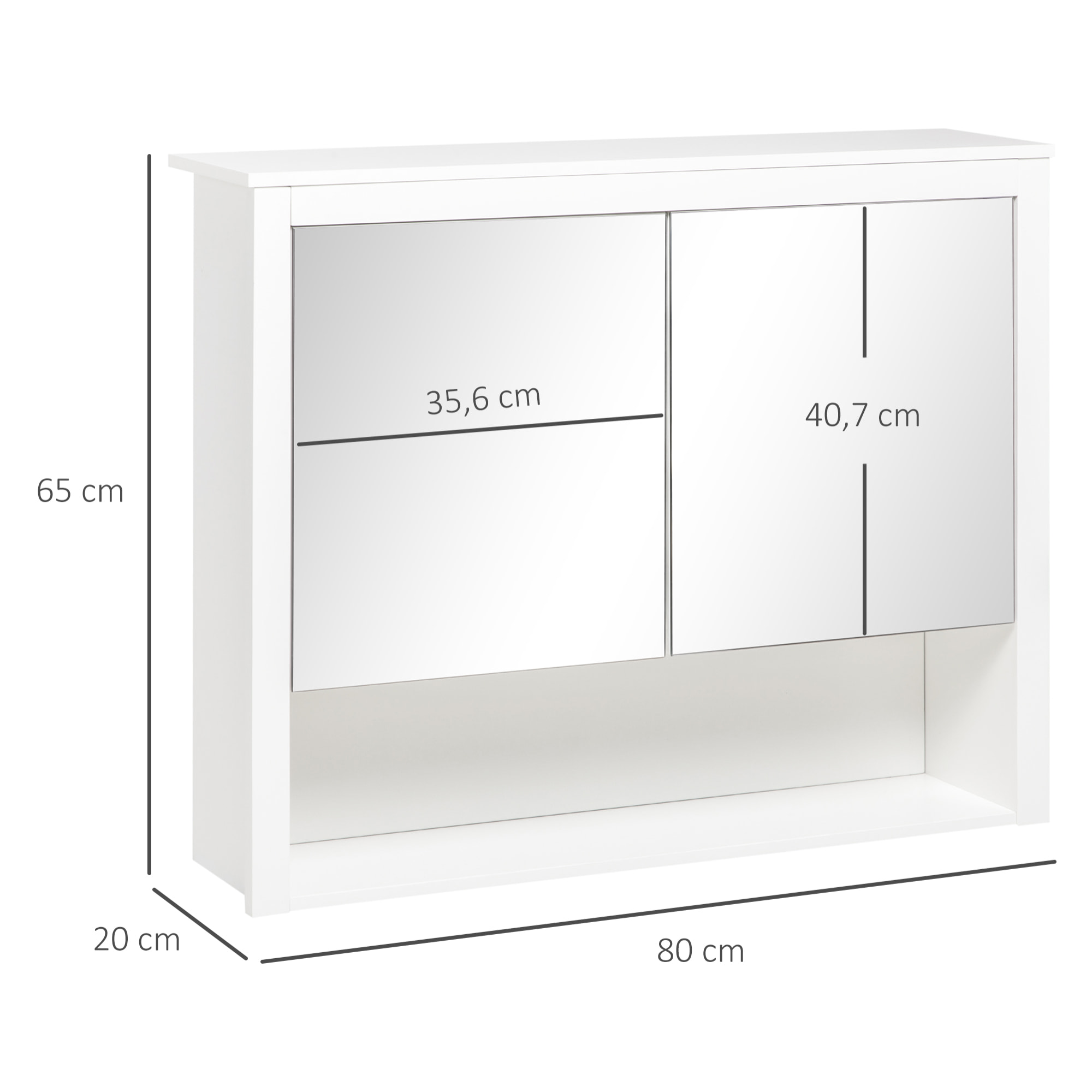 Armario de Pared con Espejo Mueble Suspendido de Baño Armario Colgante para Baño con 2 Puertas de Vidrio y Estante de Almacenamiento 80x20x65 cm Blanco