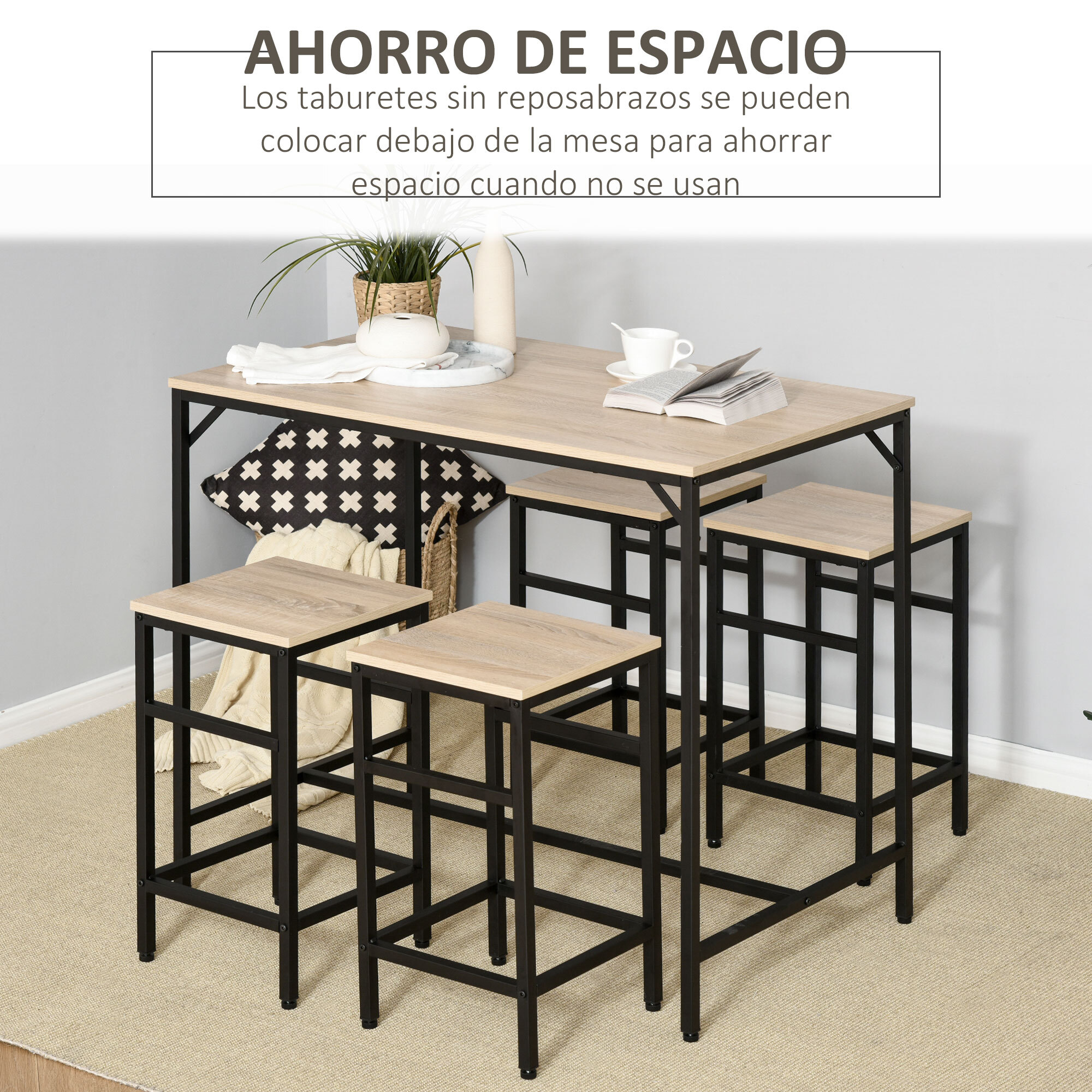 HOMCOM Set de Mesa de Bar y 4 Taburetes 5 Piezas con Reposapiés Juego de Muebles Altas con Mesa de 100x60x88 cm y Taburetes de 32x32x57 cm para Comedor Cocina Negro y Roble