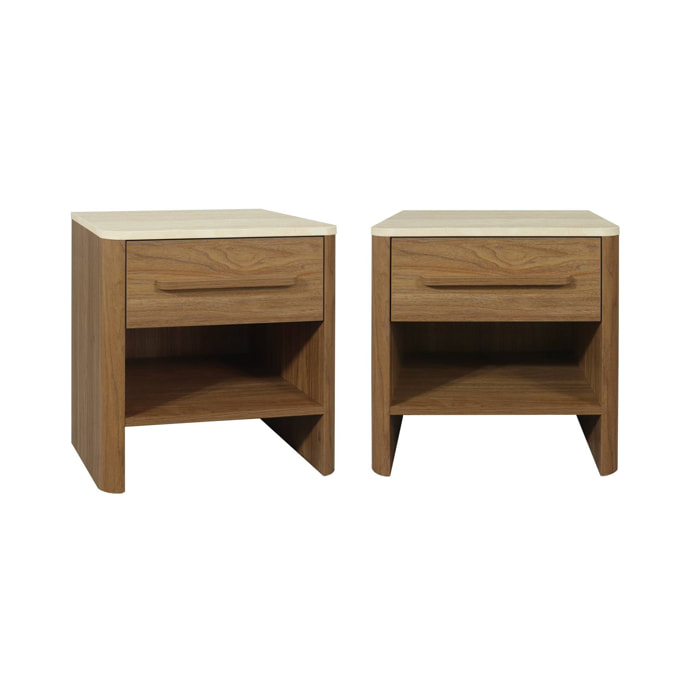 Table de chevet décor bois et effet travertin 1 tiroir (lot de 2) ARETHA