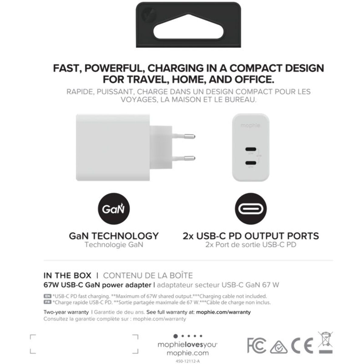 Chargeur USB C MOPHIE 67W duo Power Delivery x2 USB-C