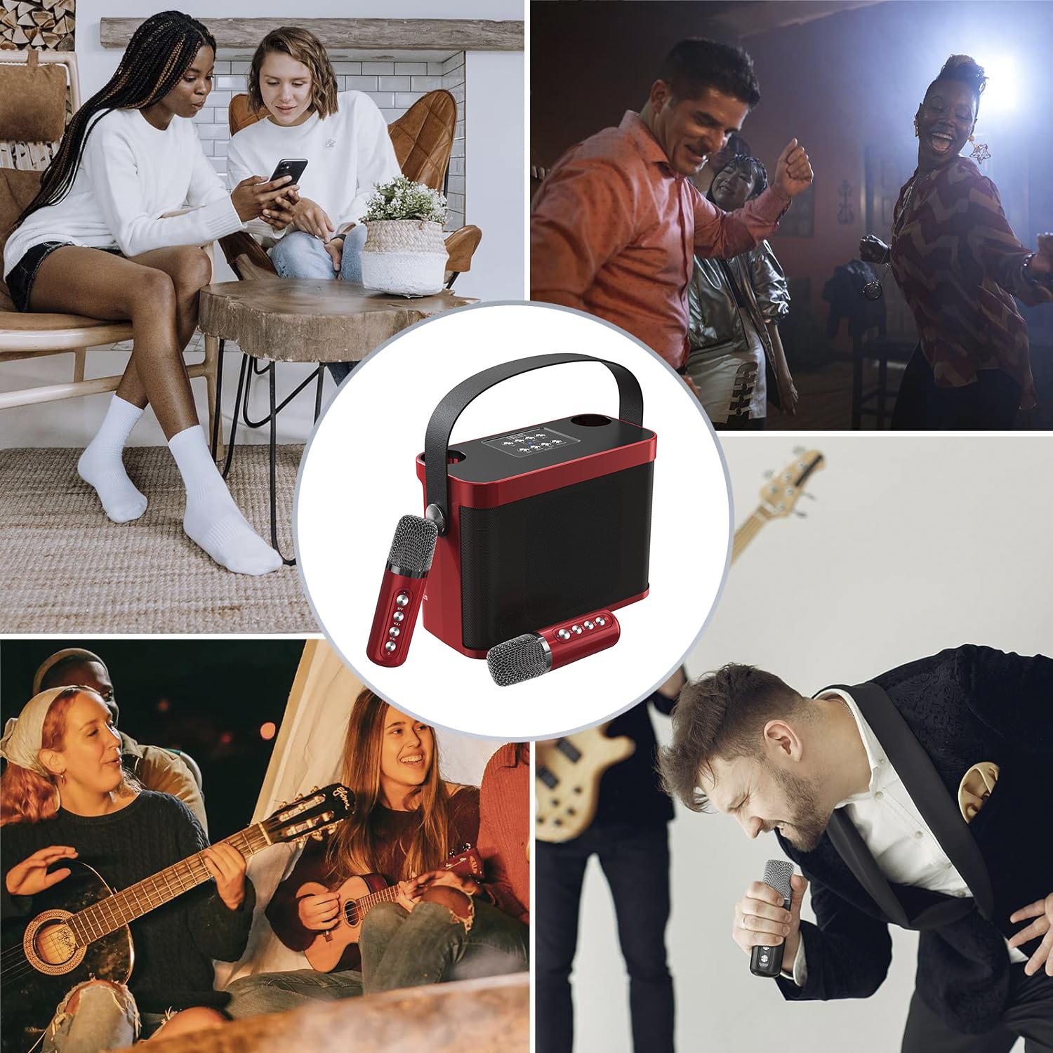 Kit karaoke con altoparlante Bluetooth e 2 microfoni. 10 W, batteria integrata.