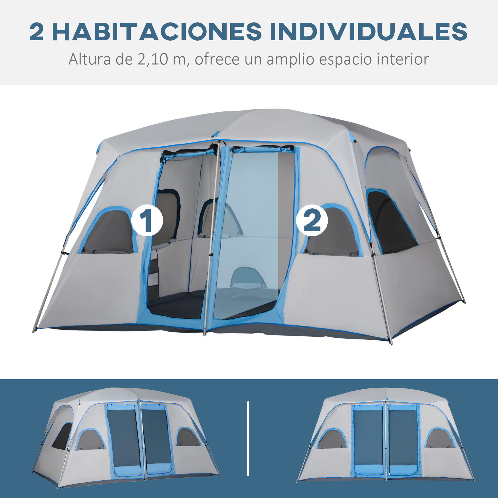 Tienda de Campaña Familiar para 4-8 Personas con 2 Dormitorios Tienda de Camping Grande con 2 Bolsillos y Ventanas con Malla Impermeable 400x275x210 cm Gris y Azul Claro