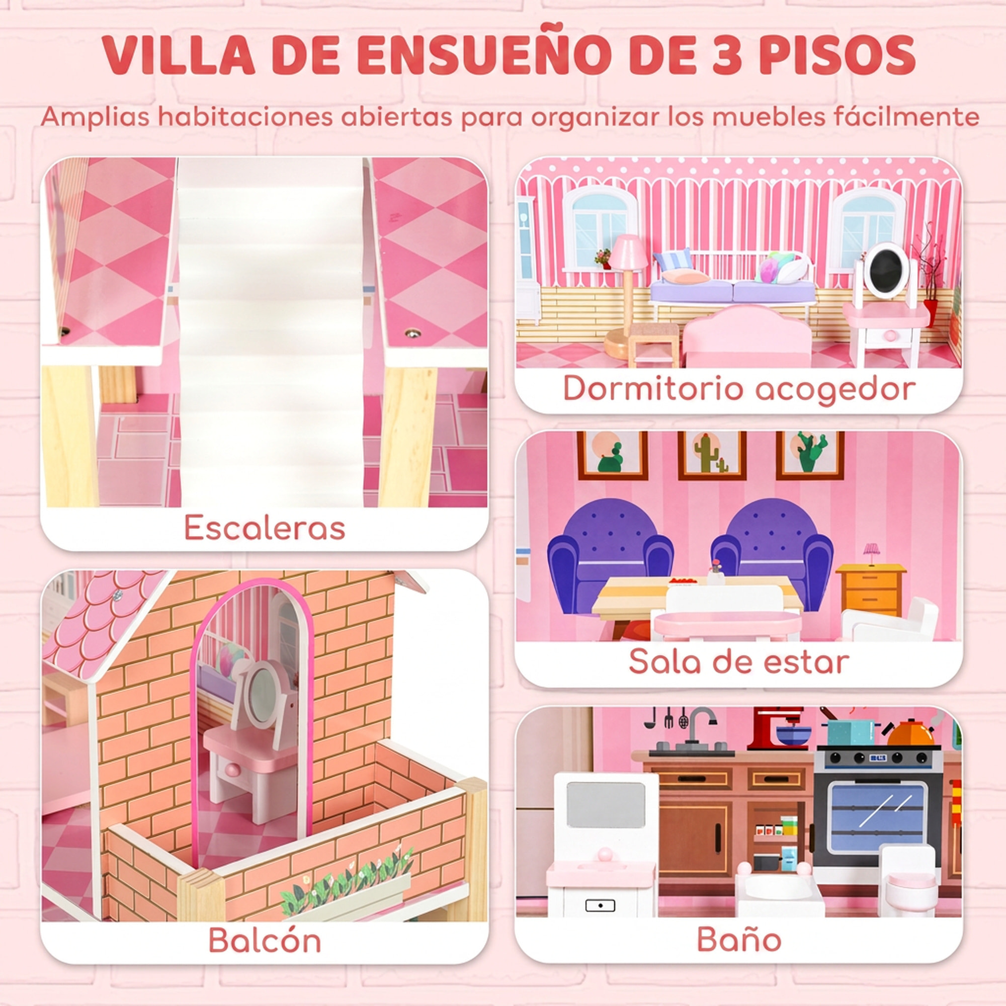 AIYAPLAY Casa de Muñecas de Madera 3 Pisos con Balcón, Escaleras y 10 Muebles, Casita de Muñecas para Niñas, Juguete de Imitación para Niños de 3 a 6 Años, Rosa