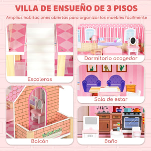 AIYAPLAY Casa de Muñecas de Madera 3 Pisos con Balcón, Escaleras y 10 Muebles, Casita de Muñecas para Niñas, Juguete de Imitación para Niños de 3 a 6 Años, Rosa