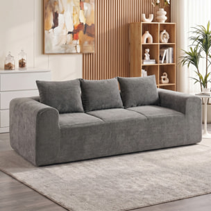 Canapé design arrondi 3 places larges accoudoirs 3 coussins tissu chenille gris