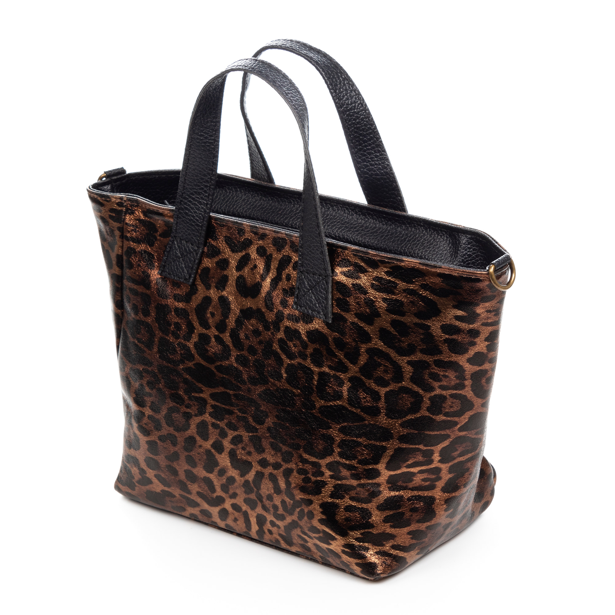 Cassandra borsa tote donna. Pelle autentica Camoscio, stampa animale leopardata, finitura lucida.