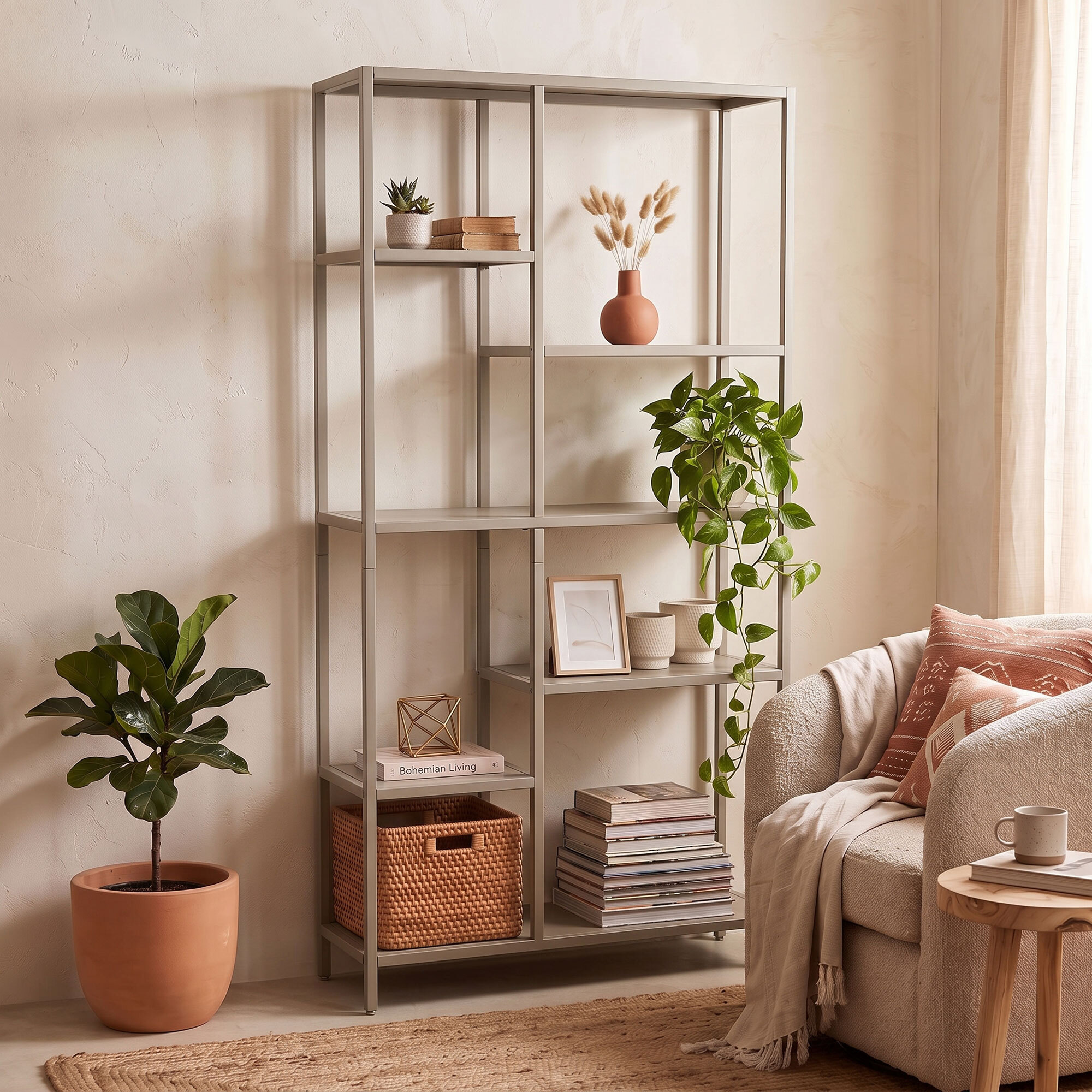 Padma - Libreria Freestanding a 6 Ripiani 80x163,5x30 cm Scaffale per Soggiorno, Ufficio in Metallo Tortora